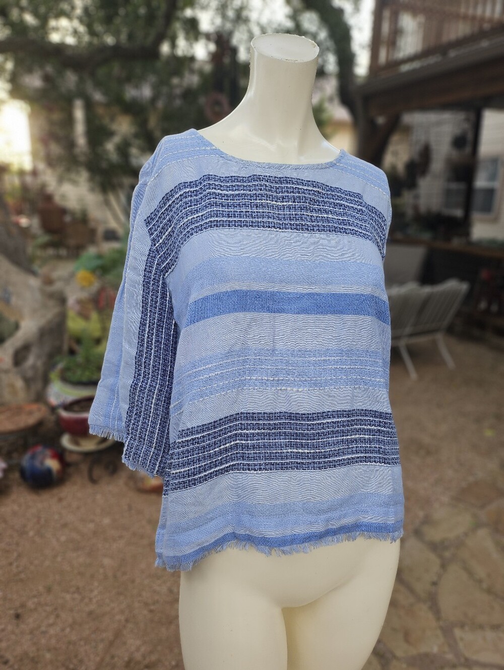 Cloth & Stone Soft Chambray Cotton Fringed Dtriped Boho Tunic Blouse XS